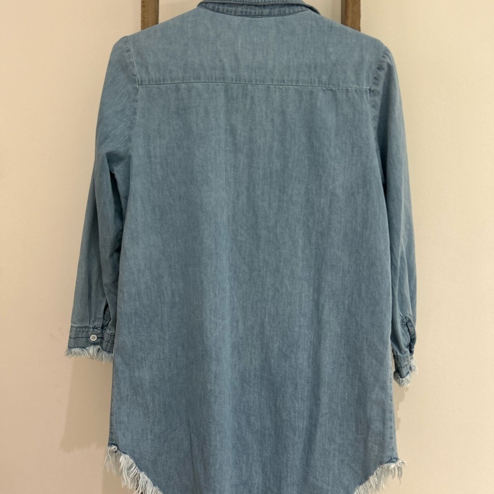 Zilcremo Light Blue Denim Shirt Dress Button Down Long Sleeve Fringe Size M - Picture 4 of 6